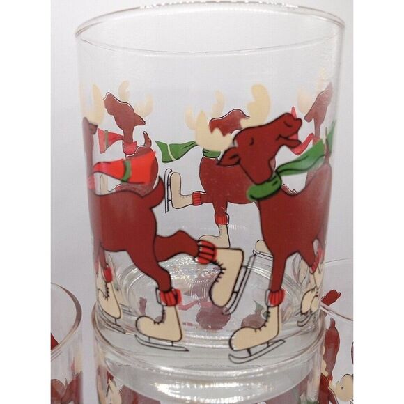 4 Vintage Cera Glasses / Tumblers Ice Skating Moose LowBall Eggnog Drinking Cups - Picture 3 of 13